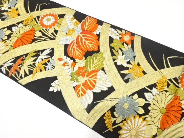 アンティーク　山並に桐・菊・桔梗模様織り出し袋帯（材料）